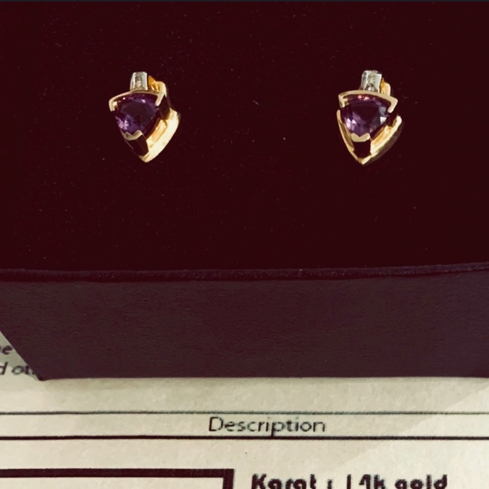 14K Gold Genuine Amethyst Diamond Studs